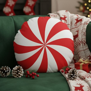 Peppermint Candy Swirl Red Christmas Holiday Round Pillow