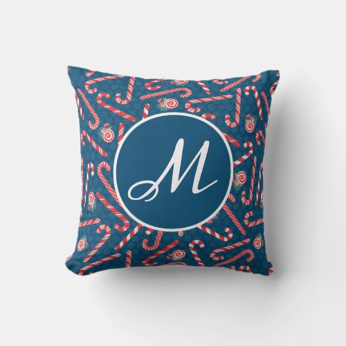 Peppermint Christmas Candy Cane Blue Monogram Throw Pillow