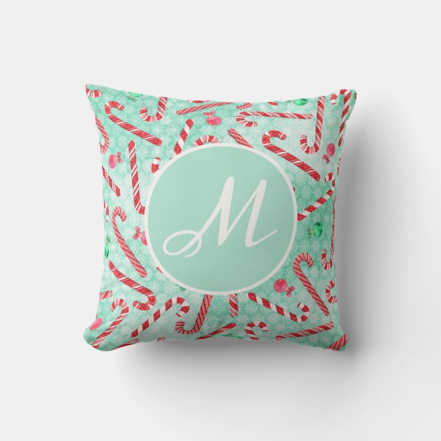 Peppermint Christmas Candy Cane Monogram Throw Pillow (Front)