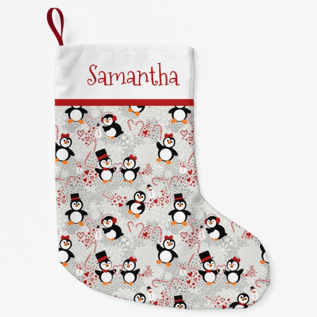 Peppermint Christmas Penguins Personalized Name Small Christmas Stocking (Front)
