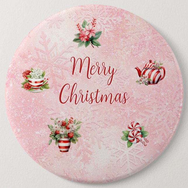 Peppermint Christmas Tea Party Pink Snowflake Button (Front)