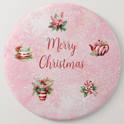 Peppermint Christmas Tea Party Pink Snowflake Button