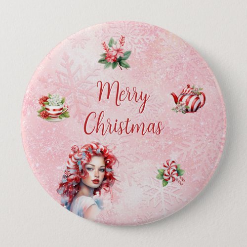 Peppermint Christmas Tea Party Pink Snowflake Button