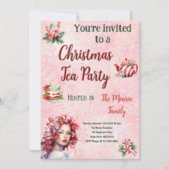Peppermint Christmas Tea Party Pink Snowflake Invitation (Front)