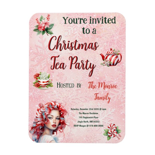 Peppermint Christmas Tea Party Pink Snowflake Magnet (Vertical)