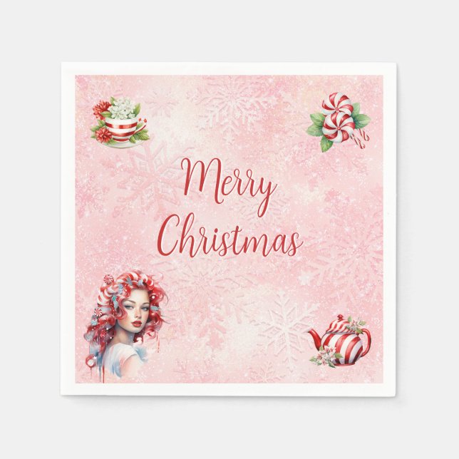 Peppermint Christmas Tea Party Pink Snowflake Napkins (Front)
