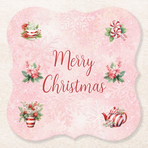 Peppermint Christmas Tea Party Pink Snowflake Paper Coaster