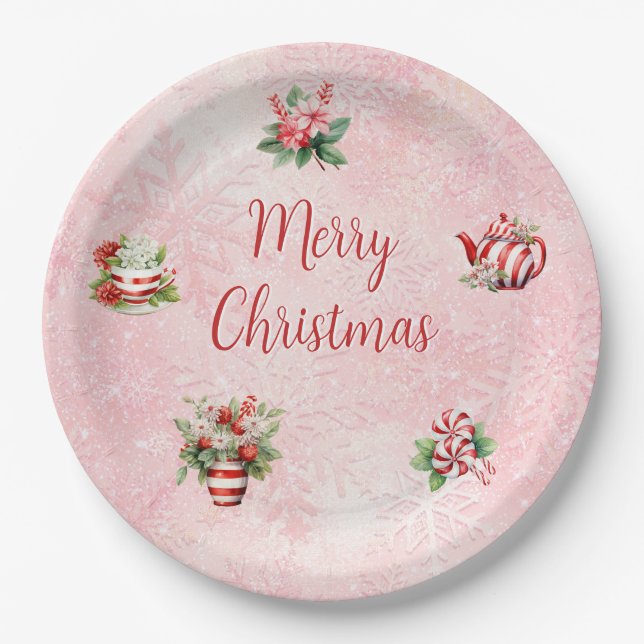 Peppermint Christmas Tea Party Pink Snowflake Paper Plates (Front)