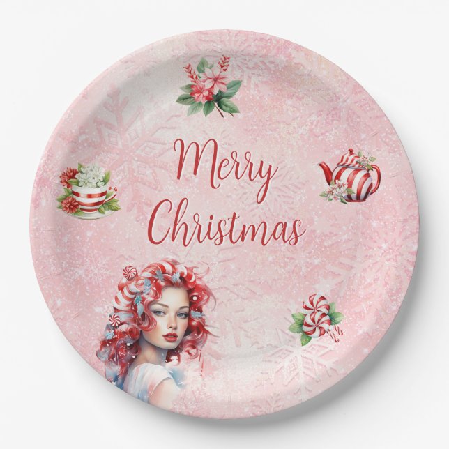 Peppermint Christmas Tea Party Pink Snowflake Paper Plates (Front)