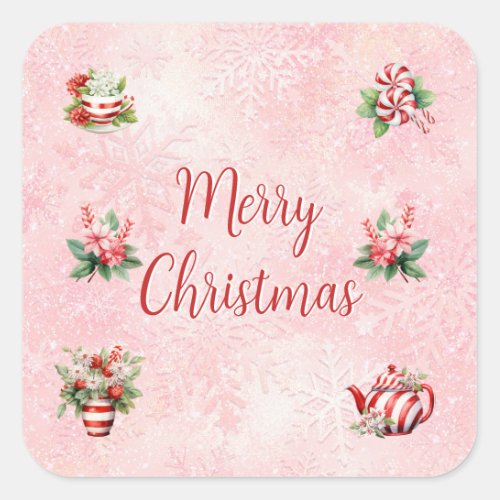 Peppermint Christmas Tea Party Pink Snowflake Square Sticker