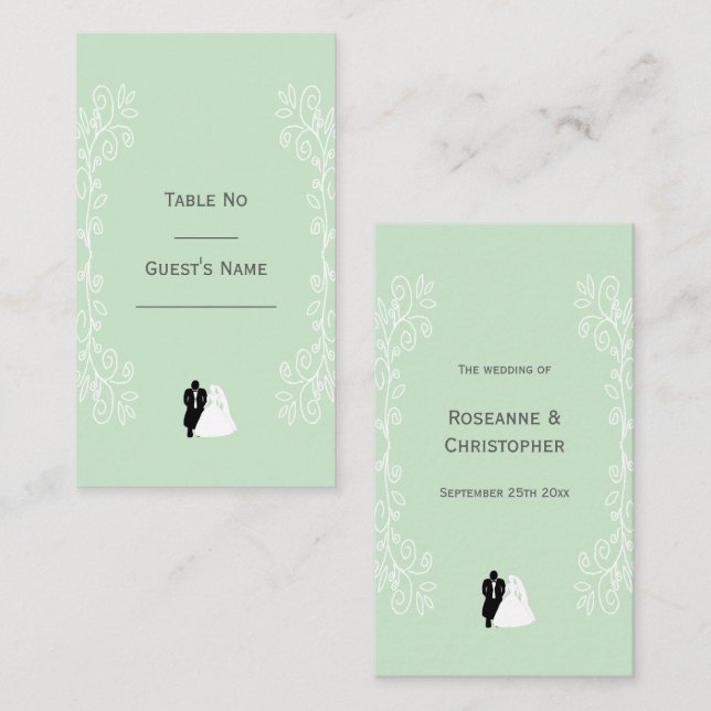 Peppermint Coloured Bride And Groom Design Wedding Place Card (Front/Back)