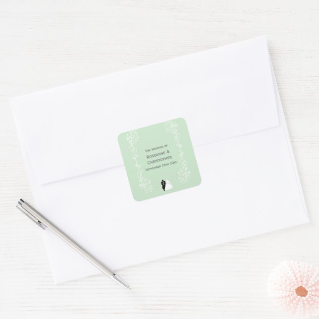 Peppermint Coloured Bride And Groom Wedding Design Square Sticker (Envelope)