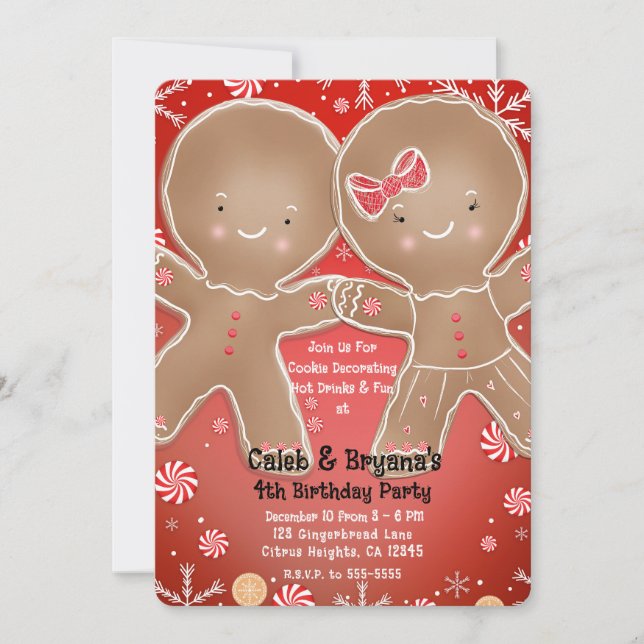 Peppermint Gingerbread Boy & Girl Birthday Party Invitation (Front)