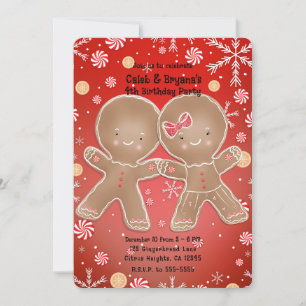Peppermint Gingerbread Boy & Girl Birthday Party Invitation