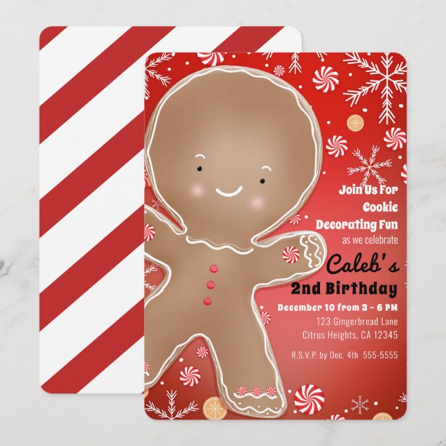 Peppermint Gingerbread Man Holiday Birthday Party Invitation (Front/Back)