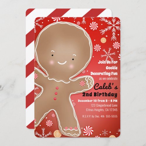 Peppermint Gingerbread Man Holiday Birthday Party Invitation