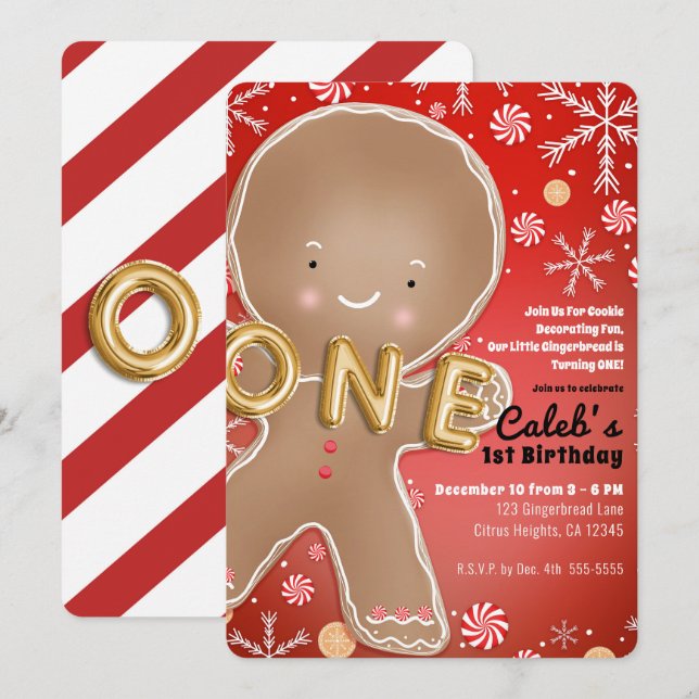 Peppermint Gingerbread Man ONE 1st Birthday Party Invitation (Front/Back)