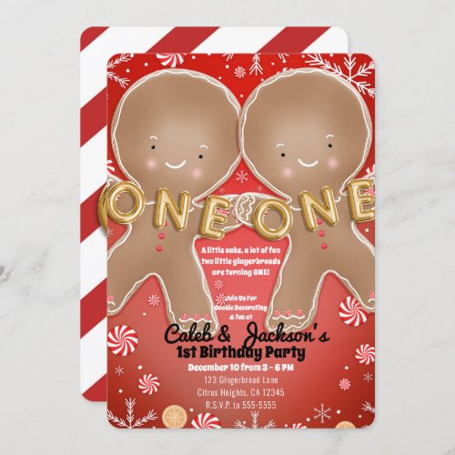 Peppermint Gingerbread Twins 1st Birthday Party Invitation