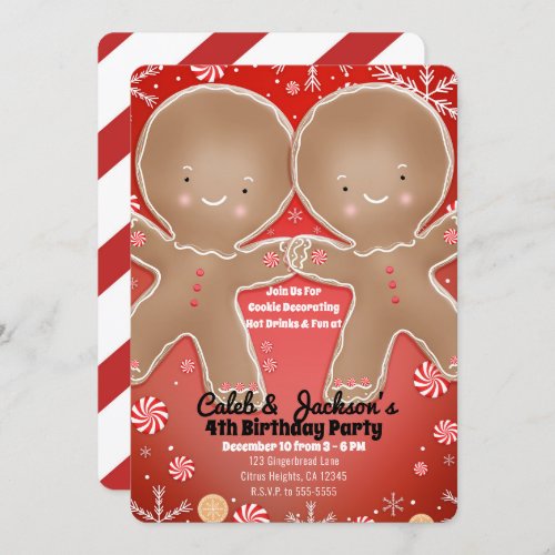 Peppermint Gingerbread Twins Birthday Party Invitation