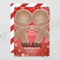 Peppermint Gingerbread Twins Birthday Party Invitation