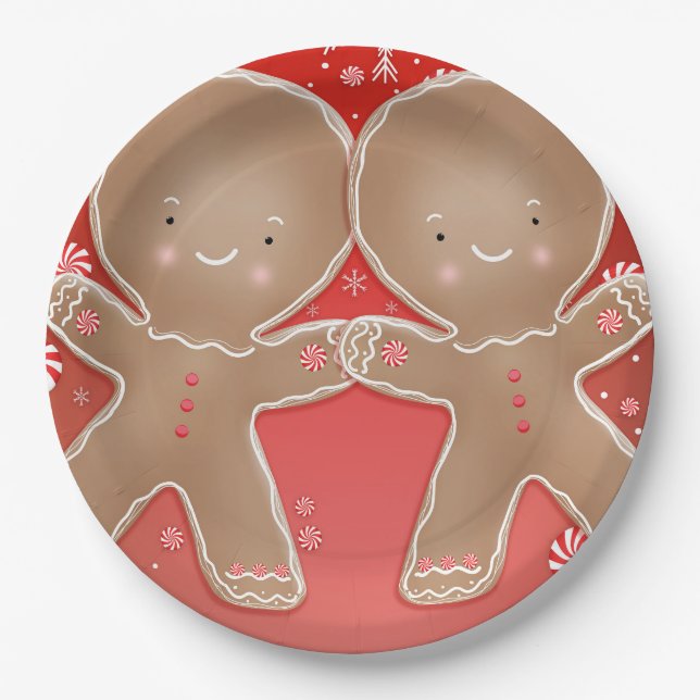 Peppermint Gingerbread Twins Birthday Party Paper Plates (Front)