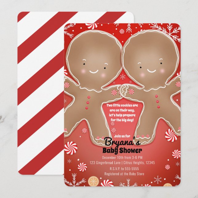 Peppermint Gingerbread Twins Holiday Baby Shower Invitation (Front/Back)