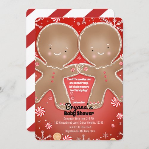 Peppermint Gingerbread Twins Holiday Baby Shower Invitation