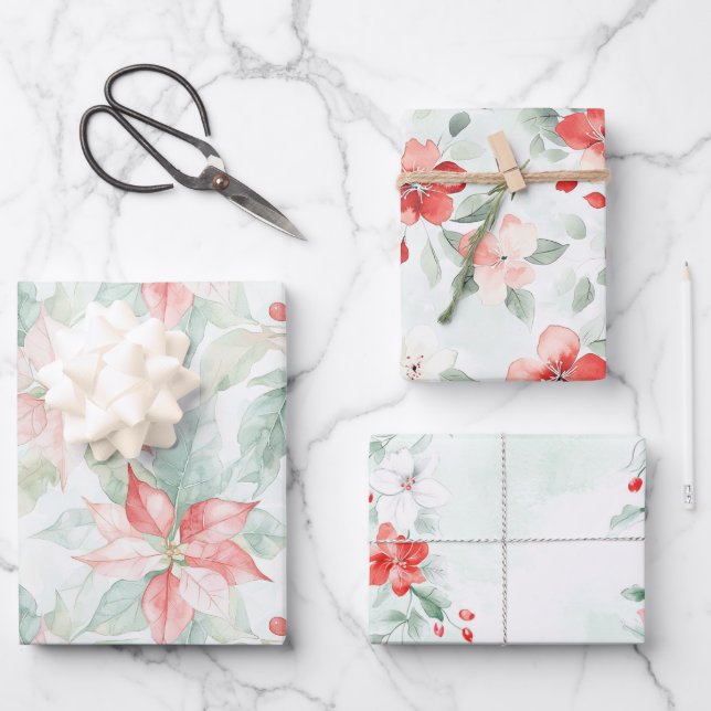 Peppermint Green Red Floral Birthday Wrapping Paper Sheets (Front)