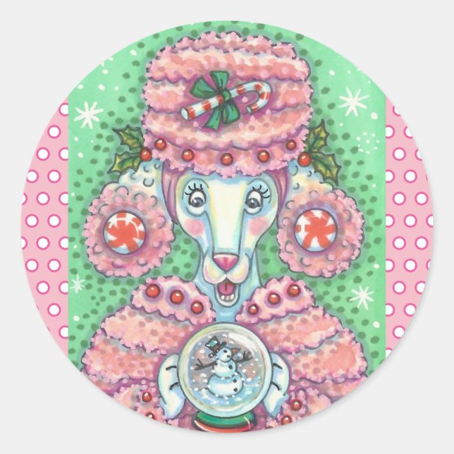PEPPERMINT PINK POODLE, CHRISTMAS DOG STICKERS Rnd (Front)