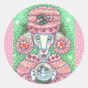 PEPPERMINT PINK POODLE, CHRISTMAS DOG STICKERS Rnd