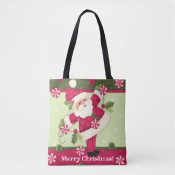 Peppermint Santa Custom Tote Bag by JustBeeNMeBoutique at Zazzle
