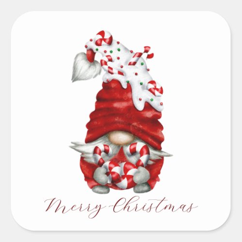 Peppermint Scandinavian Gnome Merry Christmas Square Sticker