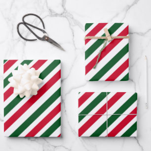 Peppermint Stick Stripes in Red, Green, and White Wrapping Paper Sheets