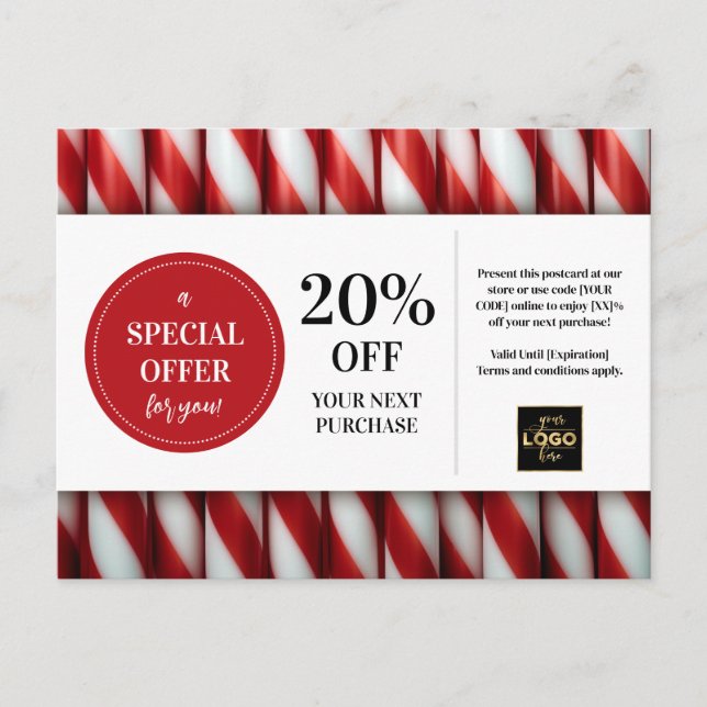Peppermint Sticks Christmas Custom Coupon Discount Postcard (Front)