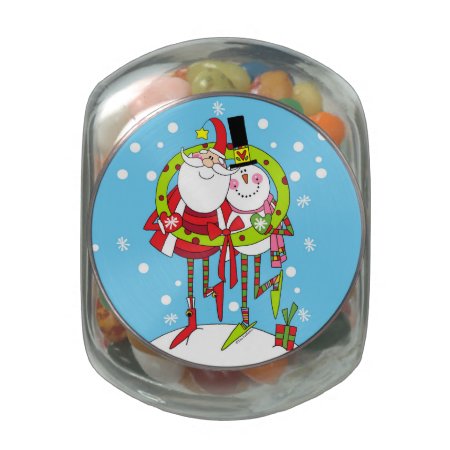 Peppermint Stix Santa And Snowman Glass Candy Jar. Glass Jar