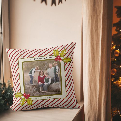 Peppermint Stripe Holly Farmhouse Photo Christmas Throw Pillow