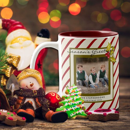 Peppermint Stripe Holly Farmhouse Photo Christmas Two_Tone Coffee Mug