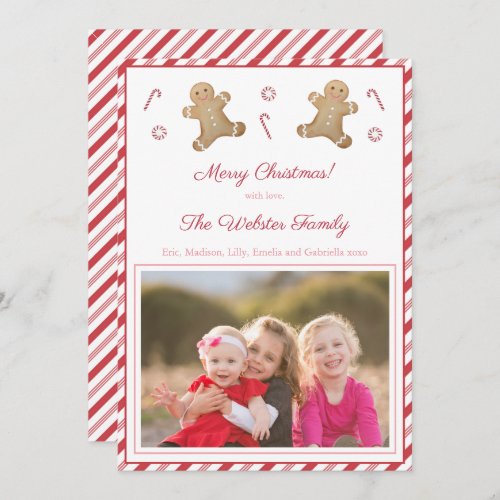 Peppermint Stripes Gingerbread Red Pink Picture Holiday Card