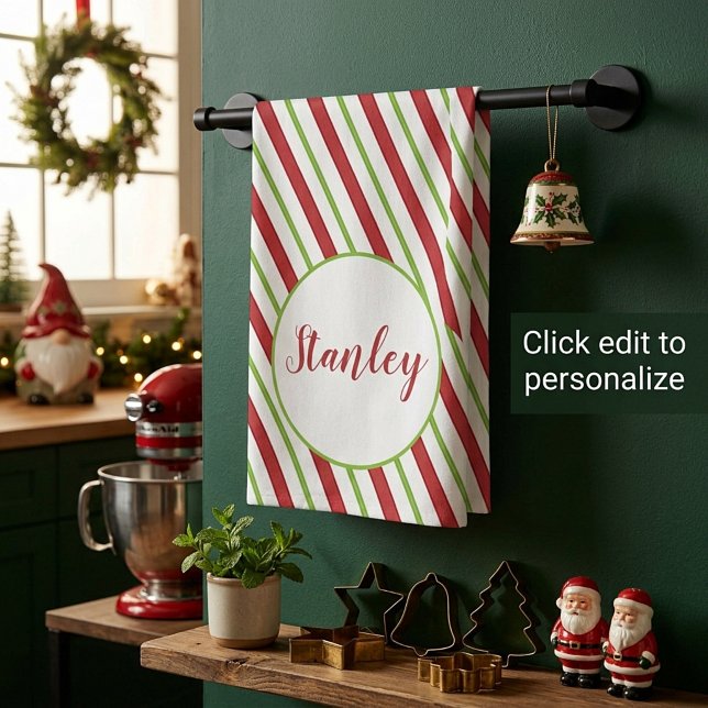 Peppermint stripes personalized  kitchen towel (Creator Uploaded)