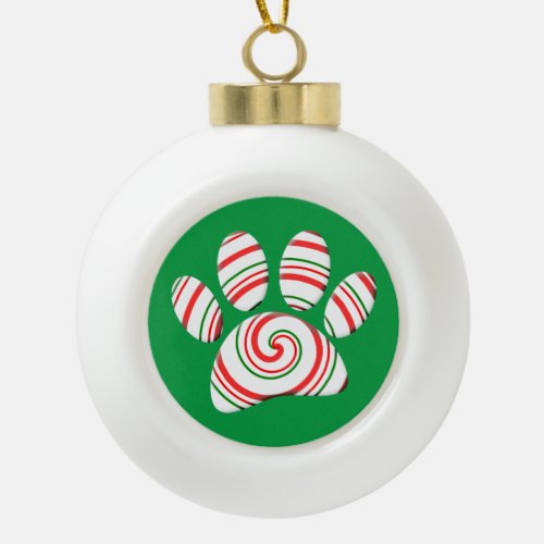 Peppermint Swirl Dog Paw In Red Green White Ceramic Ball Christmas Ornament