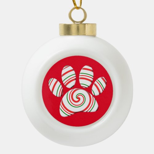 Peppermint Swirl Dog Paw In Red Green White  Ceramic Ball Christmas Ornament
