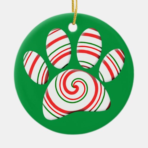 Peppermint Swirl Dog Paw In Red Green White Ceramic Ornament