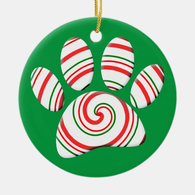 Peppermint Swirl Dog Paw In Red Green White Ceramic Ornament (Front)