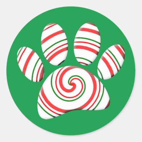 Peppermint Swirl Dog Paw In Red Green White Classic Round Sticker