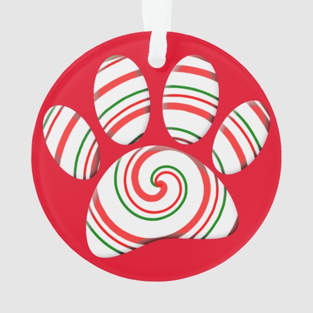 Peppermint Swirl Dog Paw In Red Green White Ornament (Back)