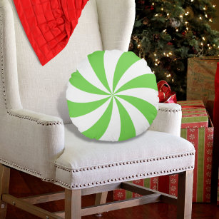 Peppermint Swirl Green White Round Pillow