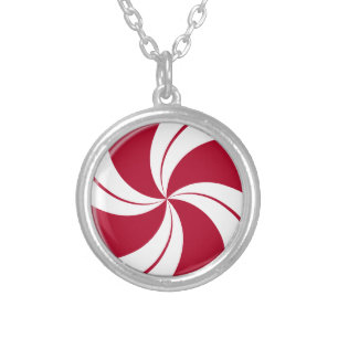 Peppermint Swirl Stripe Candy Silver Plated Necklace