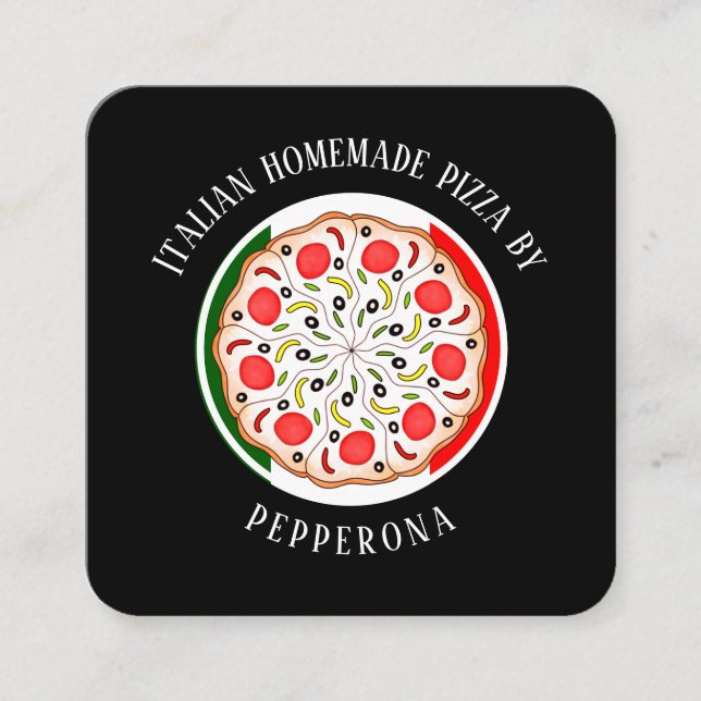 Pepperoni pizza Italian flag black professional Square Business Card (Front)
