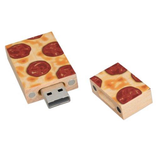 Pepperoni Pizza Pattern Wood Flash Drive