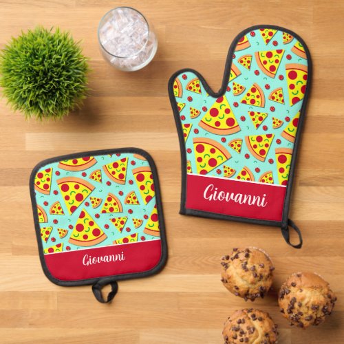 Pepperoni Pizza Patterned Chef Oven Mitt  Pot Holder Set